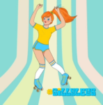 A white woman with red hair is roller skating. She's wearing a yellow t-shirt and light blue shorts, with matching blue roller skates and white socks. THe background is pale blue with pale pink and yellow vertical stripes.